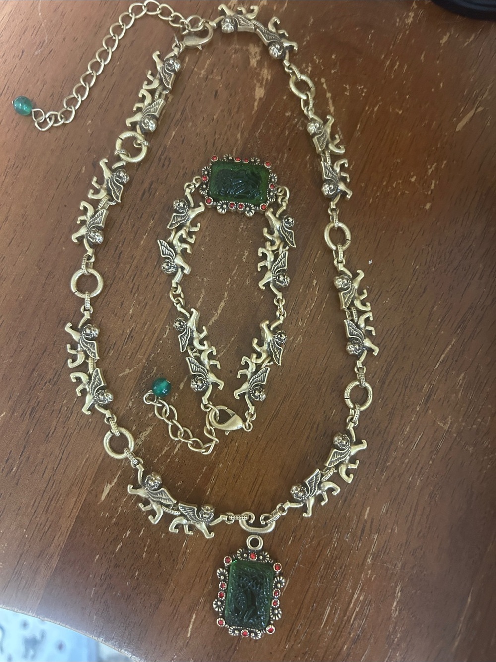 Monet Gold-Tone Necklace and Bracelet Set with Green and Red Accents